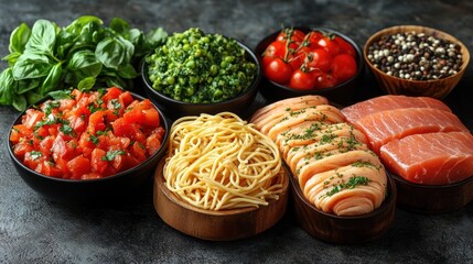 Delicious salmon pasta ingredients tomatoes, spinach, pepper.  Recipe preparation. Food photography.