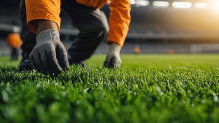 A groundskeeper tends to vibrant grass on a sports field, showcasing meticulous care and attention to detail under warm sunlight.