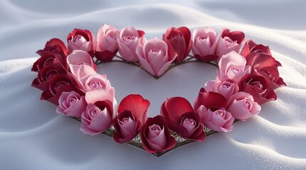 Heart-Shaped Arrangement of Red and Pink Roses on a Snowy White Background