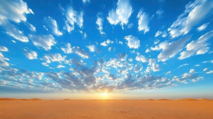 Desert sunrise, vast sand dunes, cloud-streaked sky, scenic landscape, travel photography.