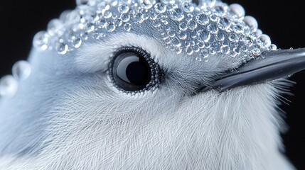 Dew-covered bird, close-up, dark background, nature photography, wildlife.