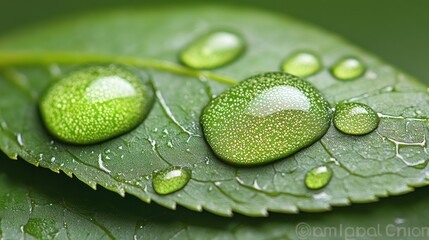 Dewdrops on a vibrant green leaf, close-up.