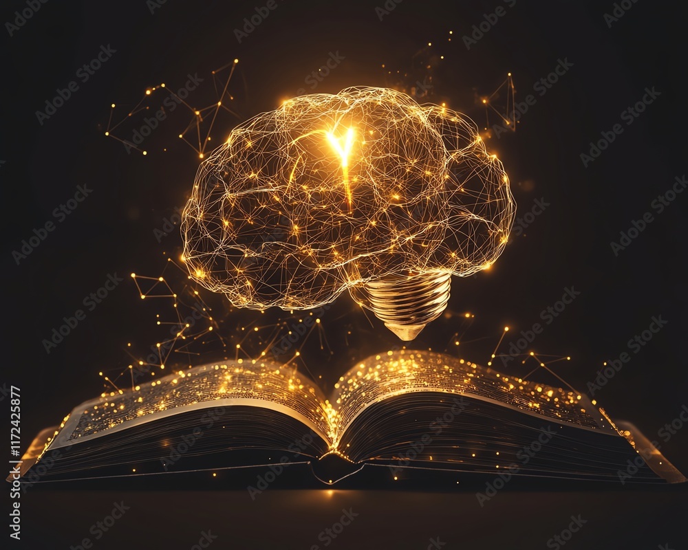 Aufkleber Virtual digital brain concept with AI technology, light bulb glowing above an open book with tech elements