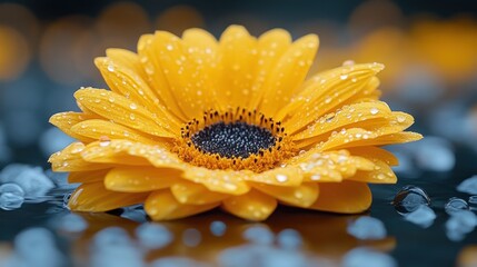 Dew-kissed yellow flower, serene water backdrop, nature's beauty, ideal for wellness or spa.
