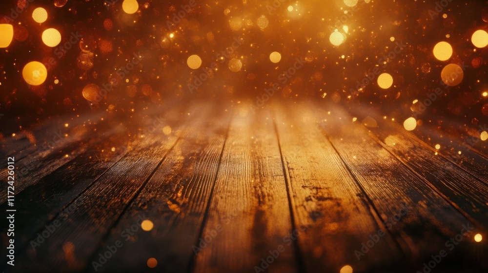 Aufkleber a polished wooden table surface with golden and orange bokeh highlights in the background, creating 