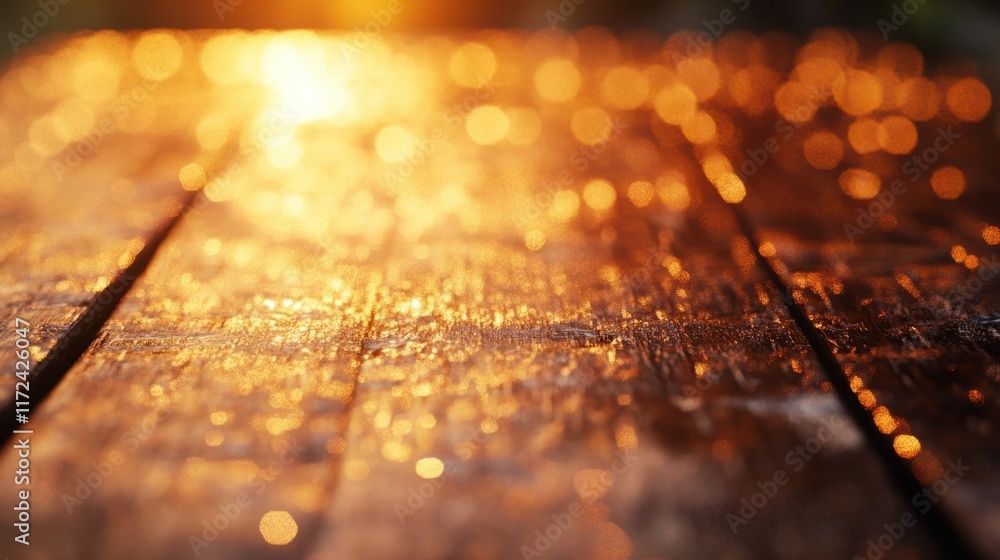 Aufkleber a polished wooden table surface with golden and orange bokeh highlights in the background, creating 