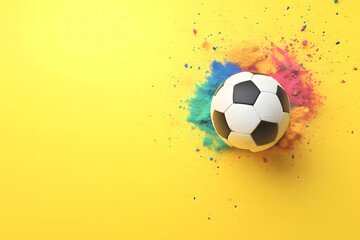 Naklejka premium Soccer Ball Exploding with Colorful Powder on Yellow Background
