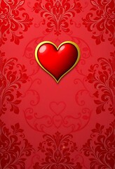 Red Heart Gold Frame Damask Design Romantic Valentine Card