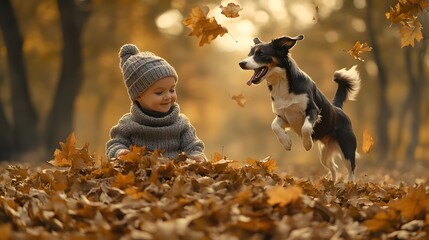 A child playing in a pile of leaves with a dog joyful