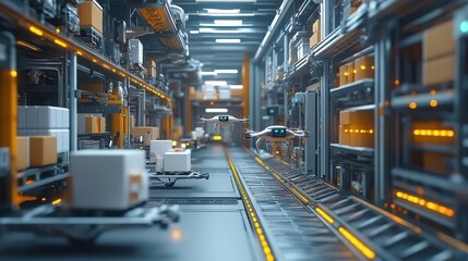 A dynamic 3D rendering of a fully automated cargo storage facility, with drones delivering packages