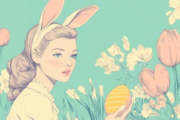 Easter themed vintage retro Japanese print of a young blond Caucasian woman wearing bunny ears and holding an Easter egg in pastel colors.