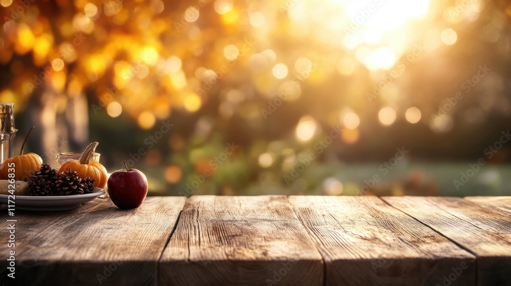 Poster a rustic wooden table with a warm blurred golden bokeh background, creating a festive and cozy setti