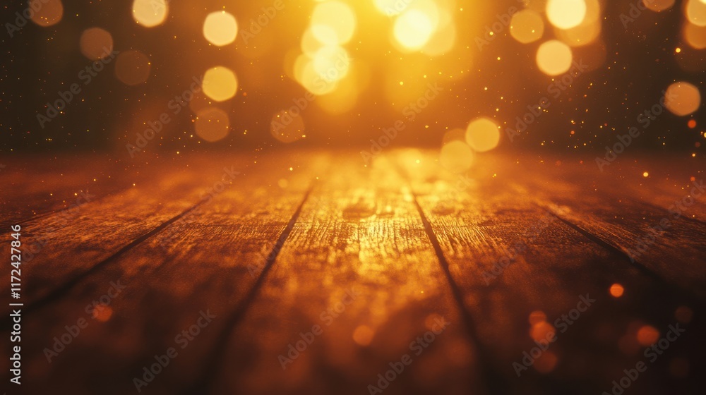 Aufkleber a smooth wooden surface with a blurred golden bokeh background, creating a warm and inviting mood