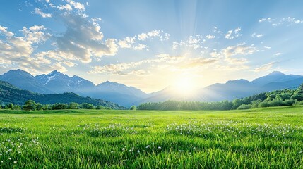 Fototapeta premium A vibrant green meadow illuminated by golden sunlight, with distant mountain peaks offering a stunning backdrop, capturing the beauty of nature in a calm and serene setting