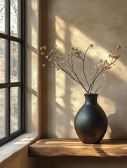 A minimalist vase with dried branches sits on a wooden shelf by a sunlit window.