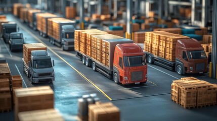A photorealistic 3D rendering of a loading dock packed with crates and delivery trucks, showcasing meticulous planning and timely execution in a digital format