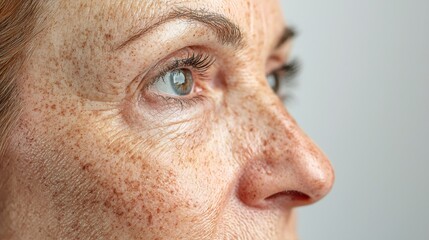 Obraz premium Sun-damaged skin and age spots a close-up portrait of an individual's facial features in natural light exploring aging and skin health