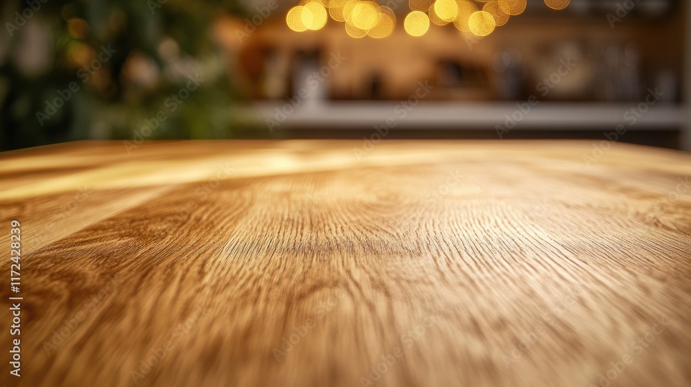Poster a smooth wooden table surface with a blurred golden bokeh background, creating a festive and elegant