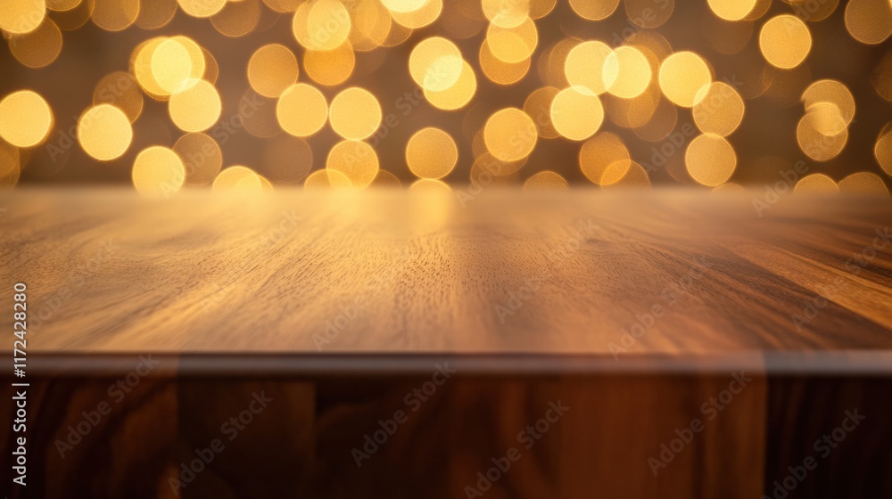 Poster a smooth wooden table surface with a blurred golden bokeh background, creating a festive and elegant