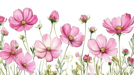 Naklejka premium Watercolor Illustration set of Pink cosmos flowers on a white background,spring summer nature,Vibrant pink cosmos blooming,Children's card,banner,raindrops drawn by hand.