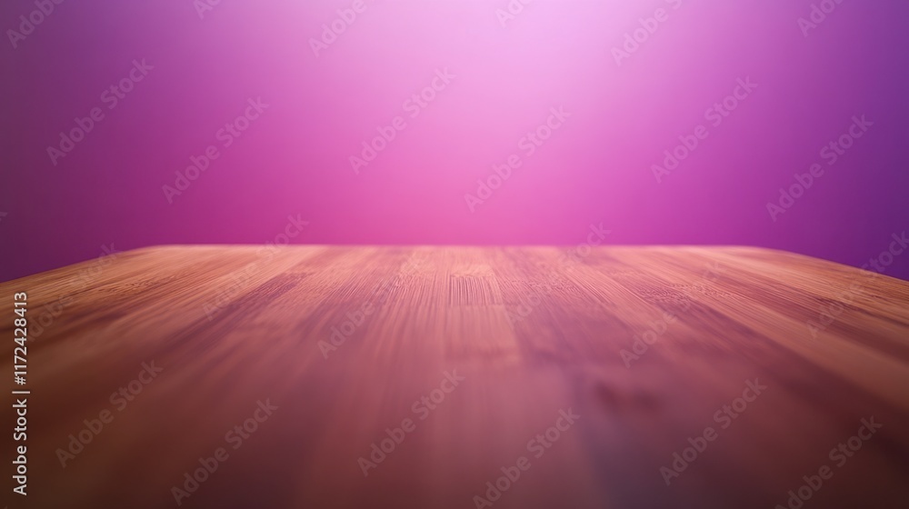 Poster a smooth wooden table surface with a subtle pink and purple bokeh background for a romantic and eleg