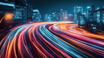 Obraz premium Dreamlike neon streaks swirling through an ethereal cityscape
