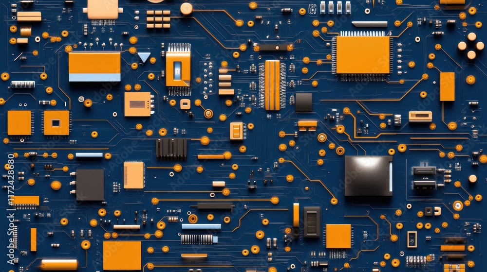 Poster close-up view of a colorful circuit board with electronic components.