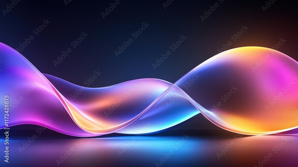 Poster abstract wave pattern with vibrant neon blue and pink hues, creating a glowing gradient effect on a 