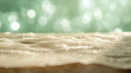 A smooth wooden table surface with soft white and green bokeh highlights in the background, ideal for a serene look