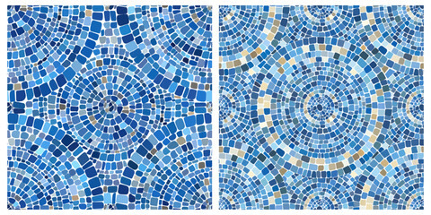 Seamless pattern blue Circular Mosaic. Decorative Antique Stone Ornament.