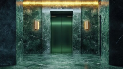 Obraz premium Modern Elevator doors of office or hotel hallway, Lobby interior, corridor in house with lift,four clover pattern,Black elegant lift for passenger or cargo elevators,st patrick 's day,copy space.