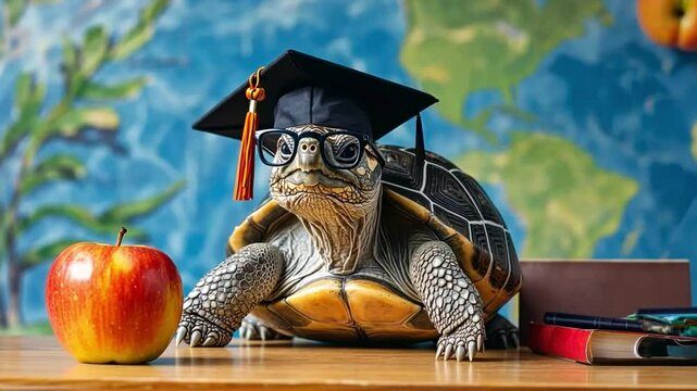 This imaginative turtle embodies wisdom and learning. With a graduation cap and glasses, it symbolizes knowledge. Perfect for educational themes and creative projects. Generative AI