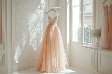 A beautiful bridal dress hanging in a well-lit room with vintage decor. The room features elegant furniture and a large window