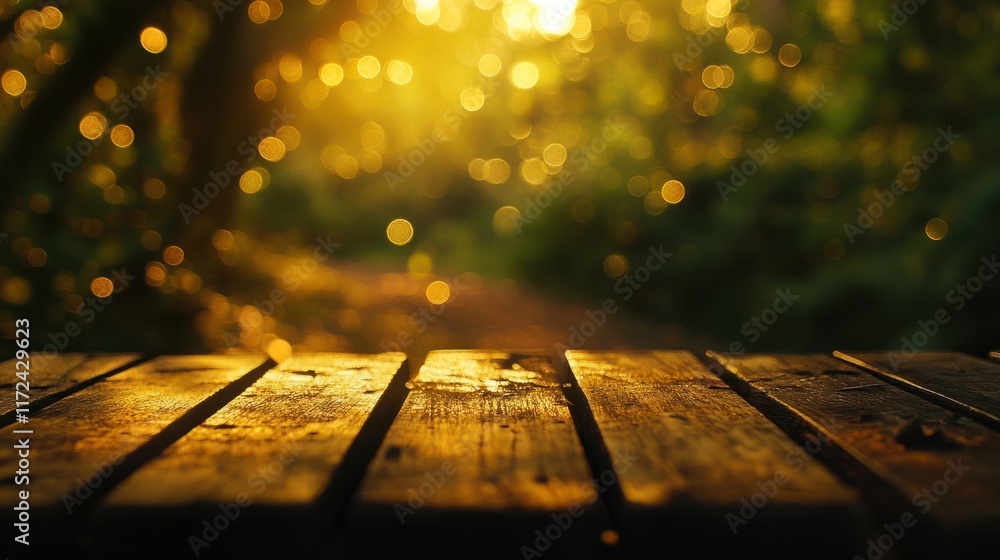 Poster a textured wooden table with a dreamy golden bokeh background, creating a warm and inviting visual e