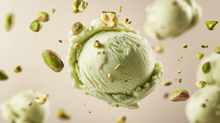 Obraz premium Close up view showcasing a scoop of green pistachio ice cream,Pistachio green ice cream with nuts,Top view of ice cream isolated for package design of pistachio ice cream,banner menu concept.