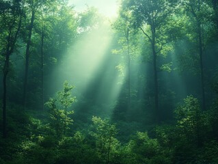 A serene forest scene with sunlight filtering through trees, creating a tranquil atmosphere.