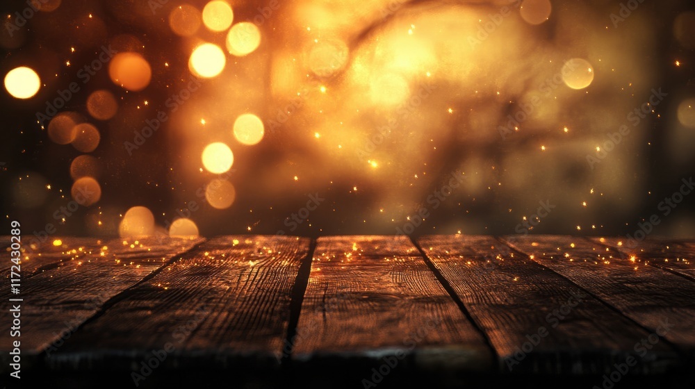 Aufkleber a textured wooden table with soft golden bokeh lights in the background, ideal for a cozy and inviti