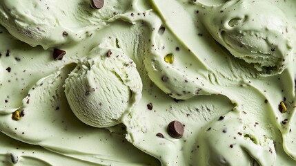 Obraz premium Close up view showcasing a scoop of green pistachio ice cream,Pistachio green ice cream with nuts,Top view of ice cream isolated for package design of pistachio ice cream,banner menu concept.