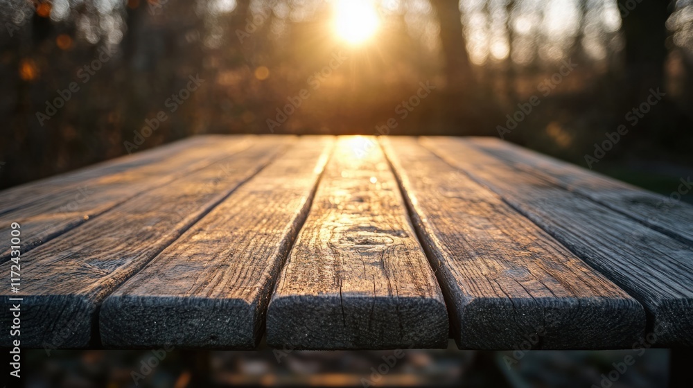 Poster a weathered wooden table close-up with golden bokeh highlights in the background, creating a warm an