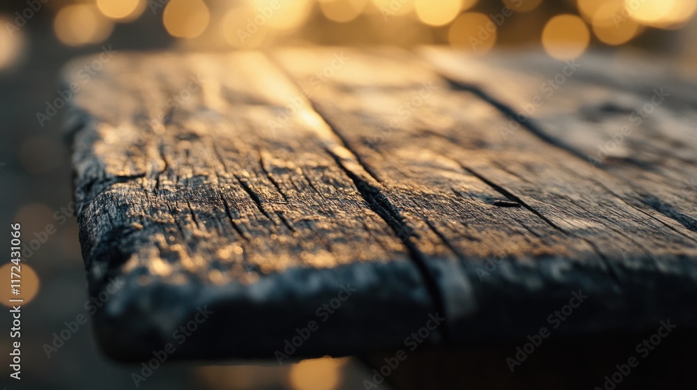 Poster a weathered wooden table close-up with golden bokeh highlights in the background, creating a warm an