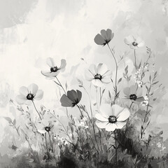 Naklejka premium white and black watercolor floral pattern blush flowers elements leaves branches