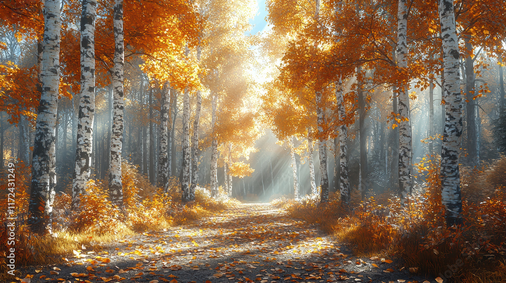 Poster majestic forest path with towering trees and sunlight filtering through leaves