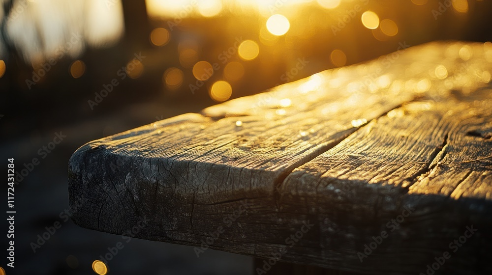 Poster a weathered wooden table close-up with golden bokeh highlights in the background, creating a warm an