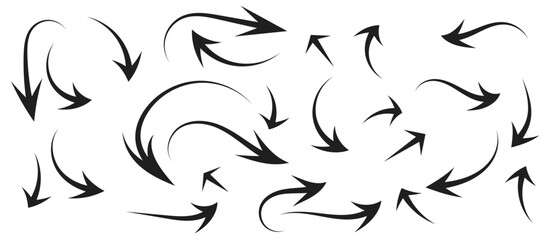 set of arrow icons with various styles or models. Collection of hand drawn curved, scribble and zigzag arrows. Vector illustration on white background.