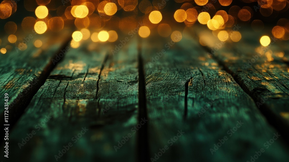 Poster a weathered wooden table surface with a blurred golden and green bokeh background for a rustic outdo
