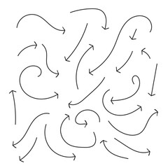 set of arrow icons with various styles or models. Collection of hand drawn curved, scribble and zigzag arrows. Vector illustration on white background.