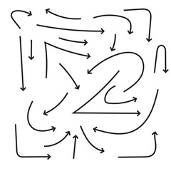 set of arrow icons with various styles or models. Collection of hand drawn curved, scribble and zigzag arrows. Vector illustration on white background.
