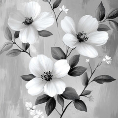 White and black and drawn flowers watercolor style seamless pattern background.