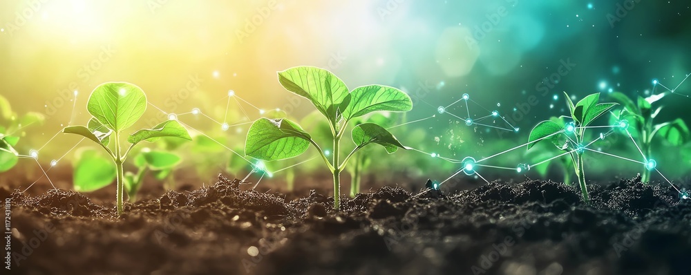 Poster advanced smart farming, hand planting crops with visual concepts of iot and ai analyzing agricultura