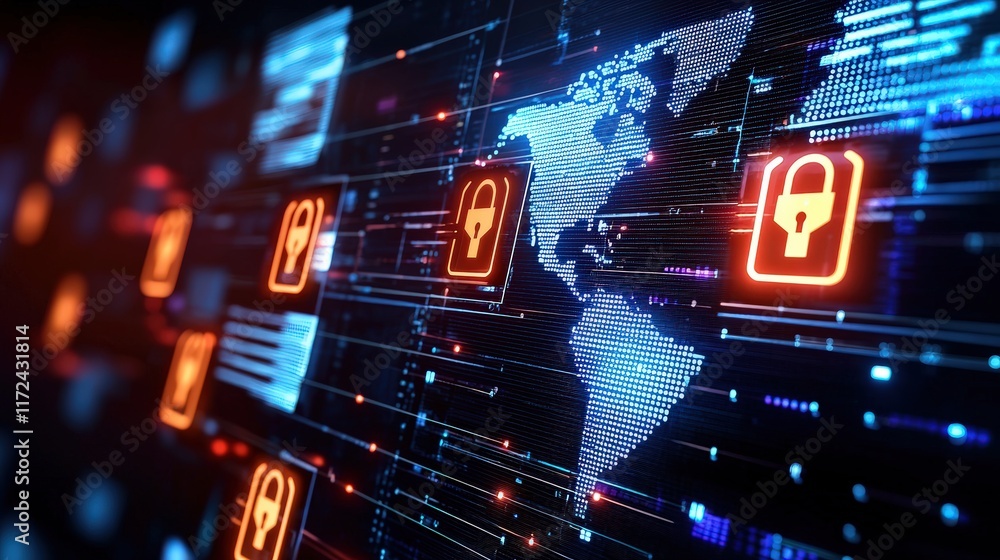 Poster close-up of a computer screen showing a cyber security alert, with encryption locks protecting finan
